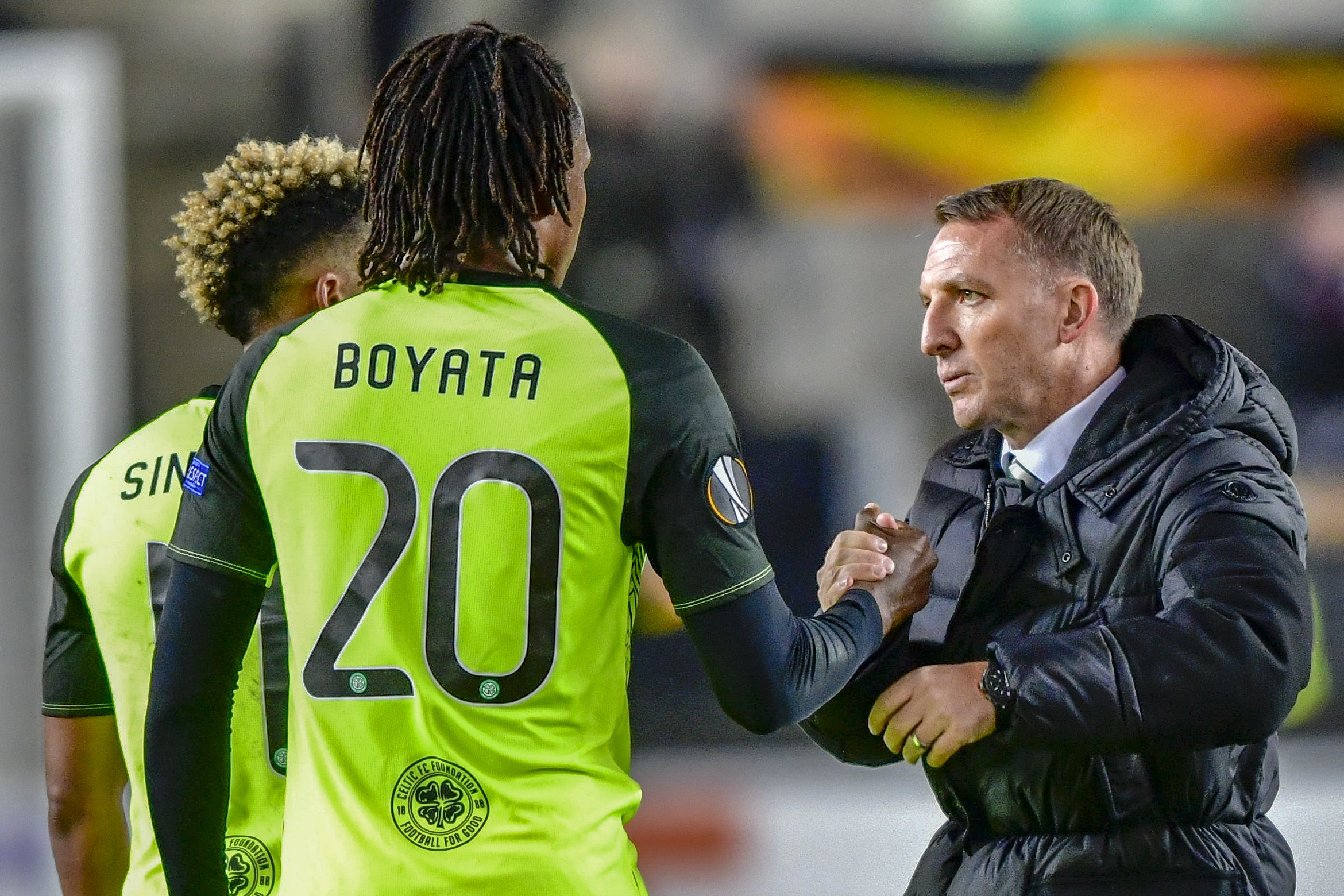Brendan Rodgers congratulates his players after the match (Ole Martin Wold/NTB Scanpix via AP)
