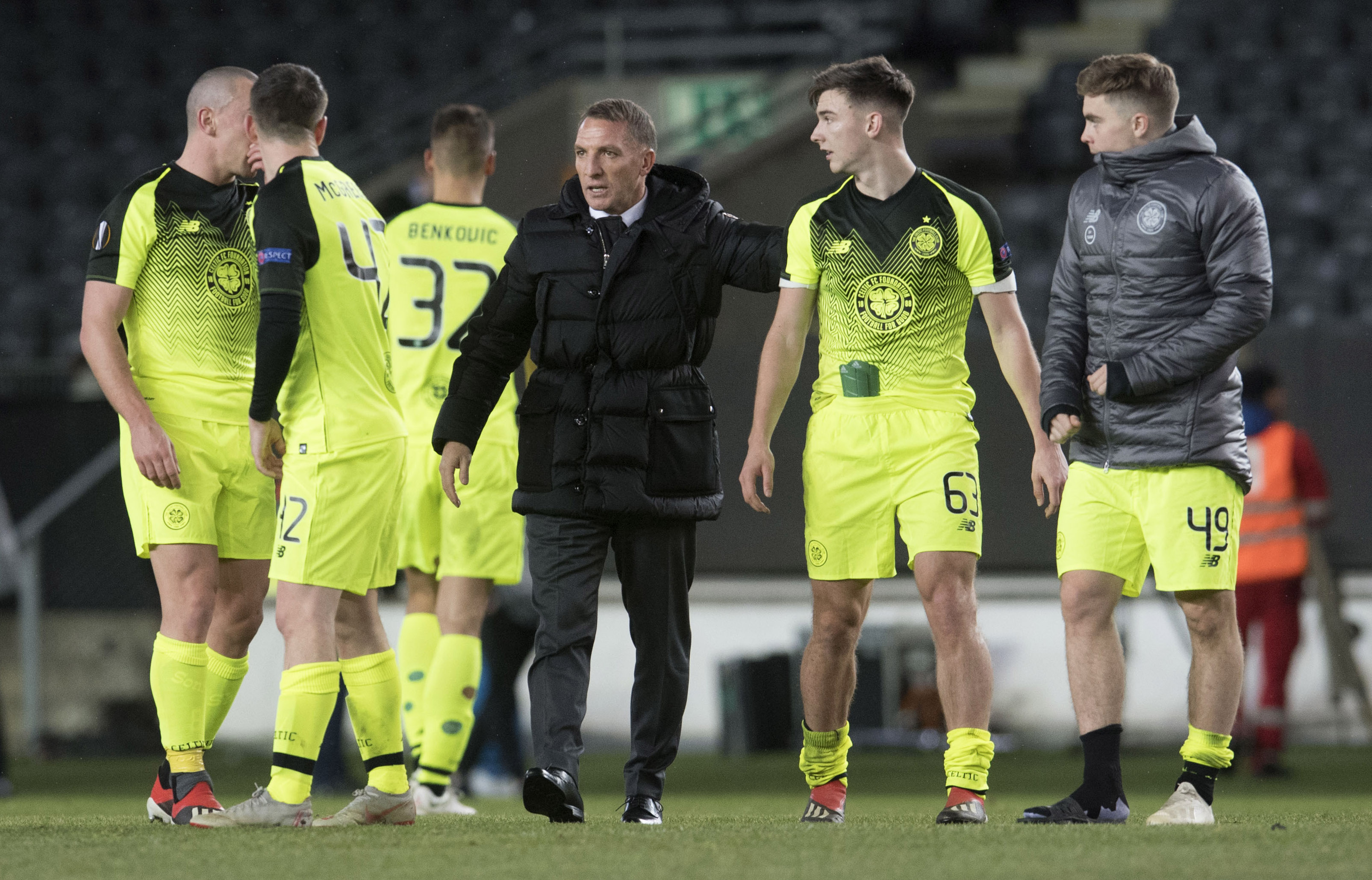 Celtic manager Brendan Rodgers celebrates with Kieran Tierney at full time.