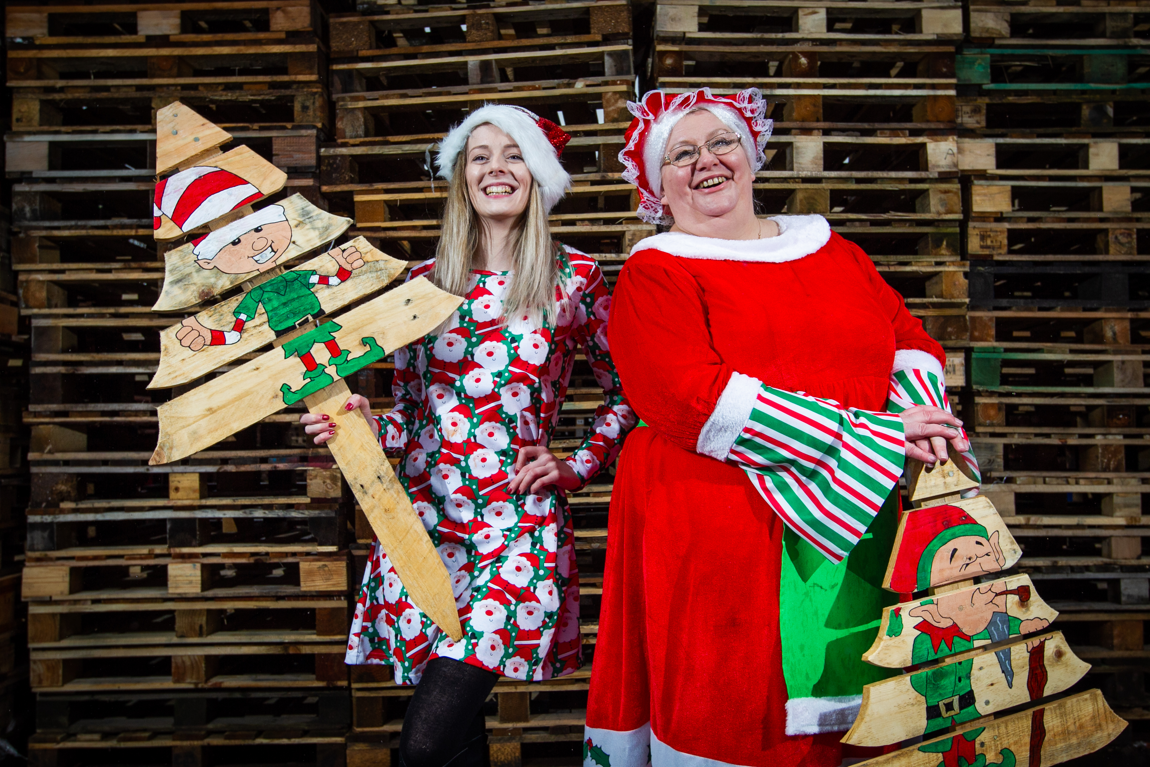 Tracy Gibson and daughter Amy Gibson, holding a Christmas fundraiser sellling Christmas decorations made out of wooden pallets from their business, Mustoes Pallets. The business was owned by Jack Mustoe (father and grandfather to Tracy and Amy), who was tragically killed in the yard by being run over by a lorry. (Andrew Cawley).
