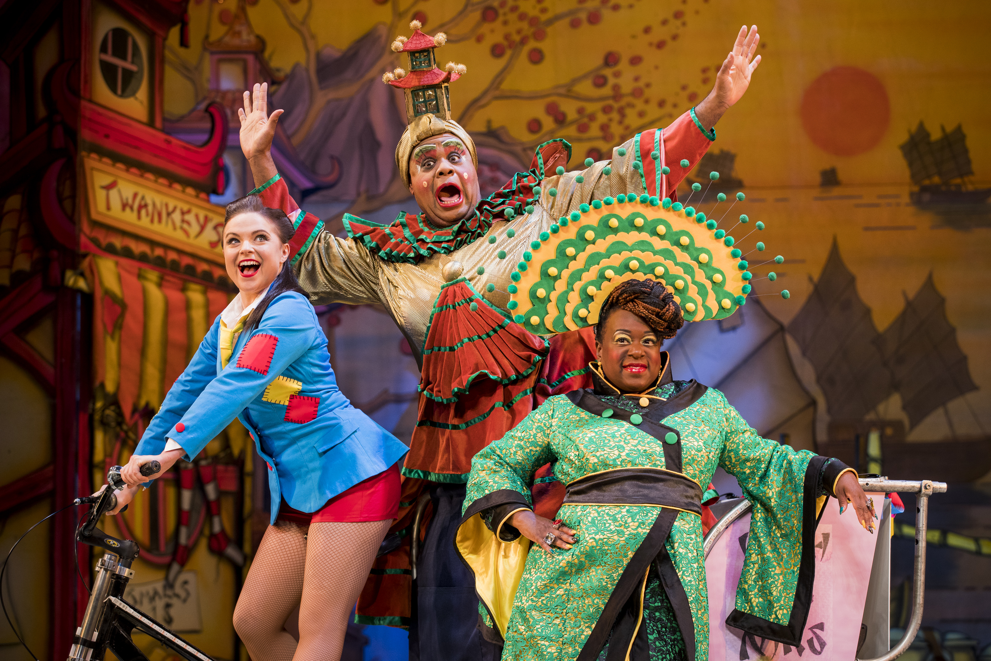 Gemma Sutton as Aladdin, Clive Rowe as Widow Twankey and Tameka Empson as The Empress in Aladdin. (Tristan Fewings/Getty Images)