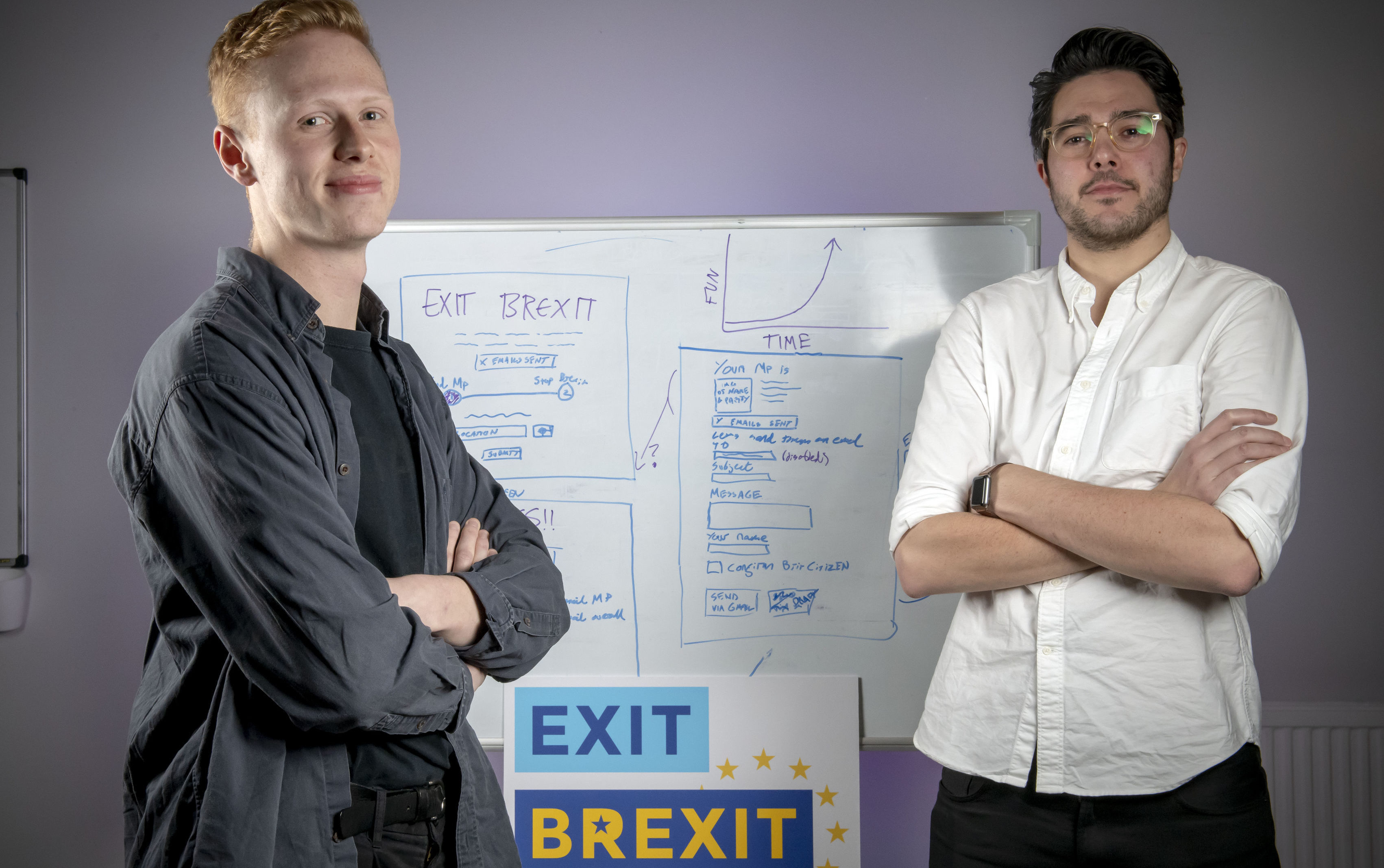 Product manager Richard Phillips-Kerr (left) and founder Grant MacLennan, from Glasgow-based digital product studio, Neu who have created Exit Brexit (Paul Chappells / PA Wire)