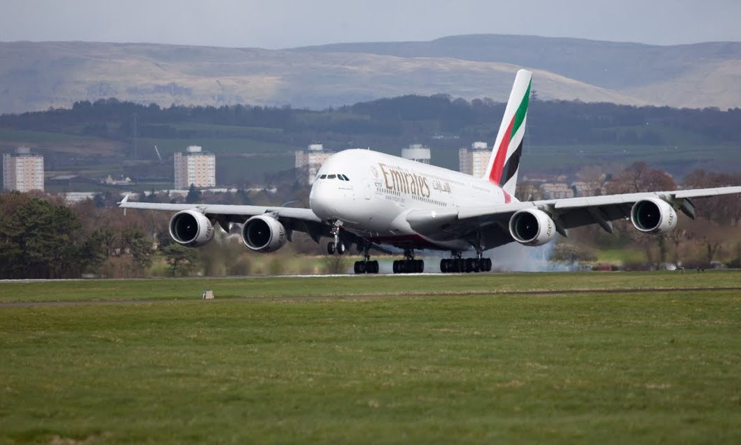 Airbus A380 landing at Glasgow Airport (Emirates)