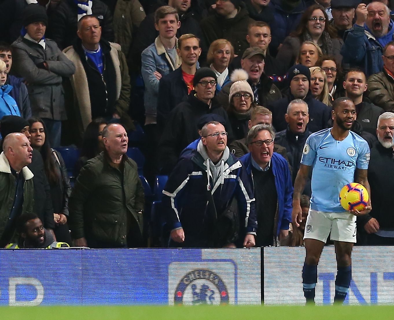 Raheem Sterling of Manchester City receives alleged abuse from Chelsea fans
Chelsea v Manchester City, Premier League, Football, Stamford Bridge, London, UK. (Shutterstock)
