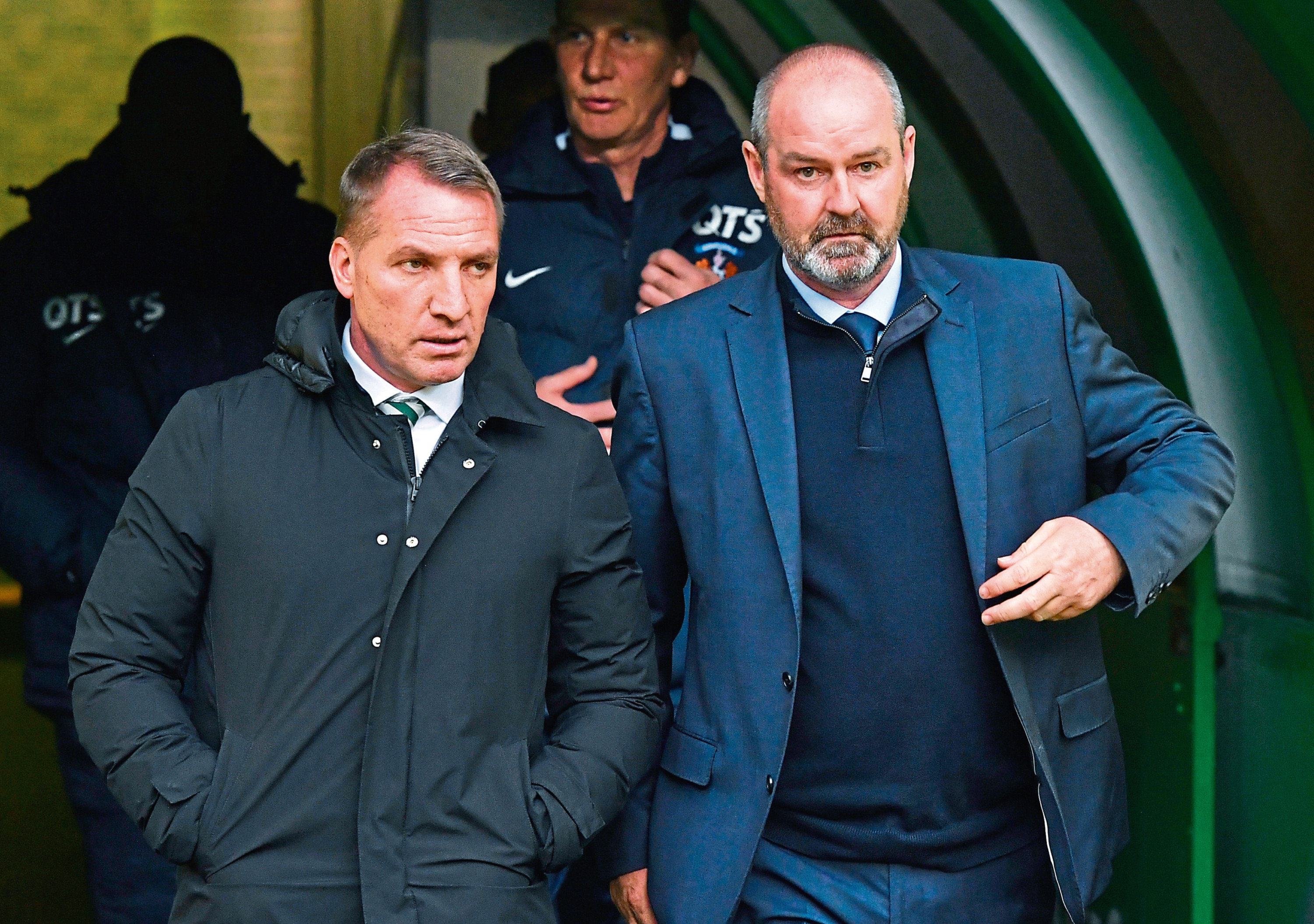Celtic manager Brendan Rodgers and Kilmarnock manager Steve Clarke emerge from the tunnel