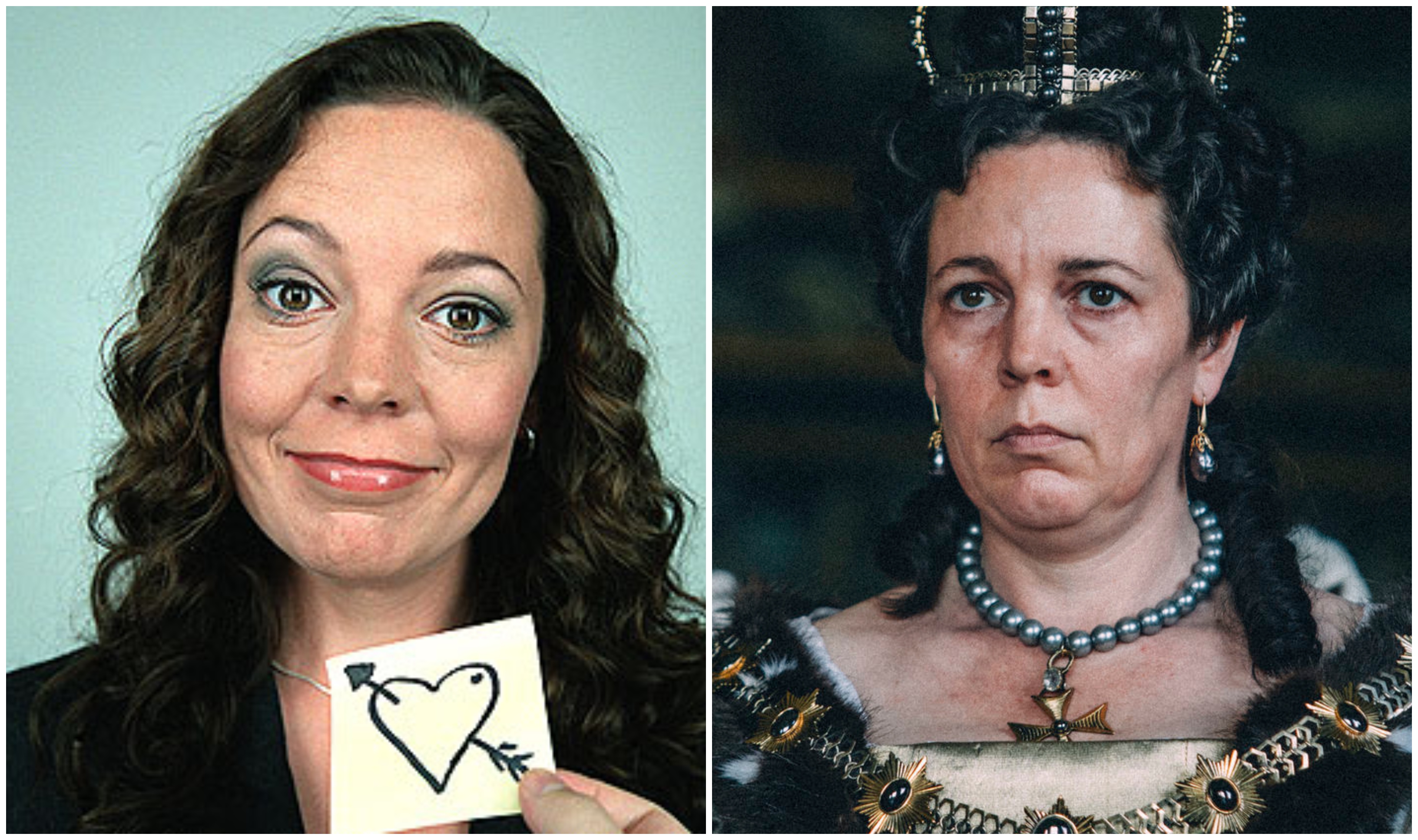 Olivia Colman in Peep Show (left) and in The Favourite