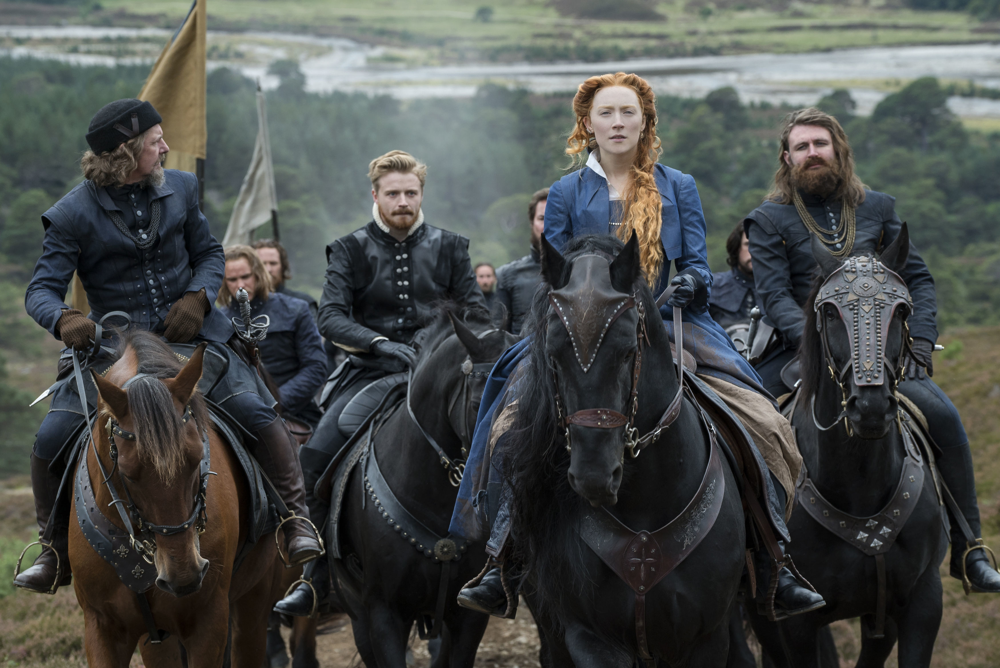 Ian Hart as Lord Maitland, Jack Lowden as Lord Darnley, Saoirse Ronan as Mary Stuart and James McArdle as Earl of Moray in Mary, Queen of Scots.