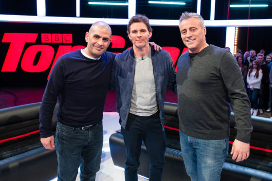 Chris Harris (left) with celebrity guest James Marsden (centre )and co-host Matt LeBlanc