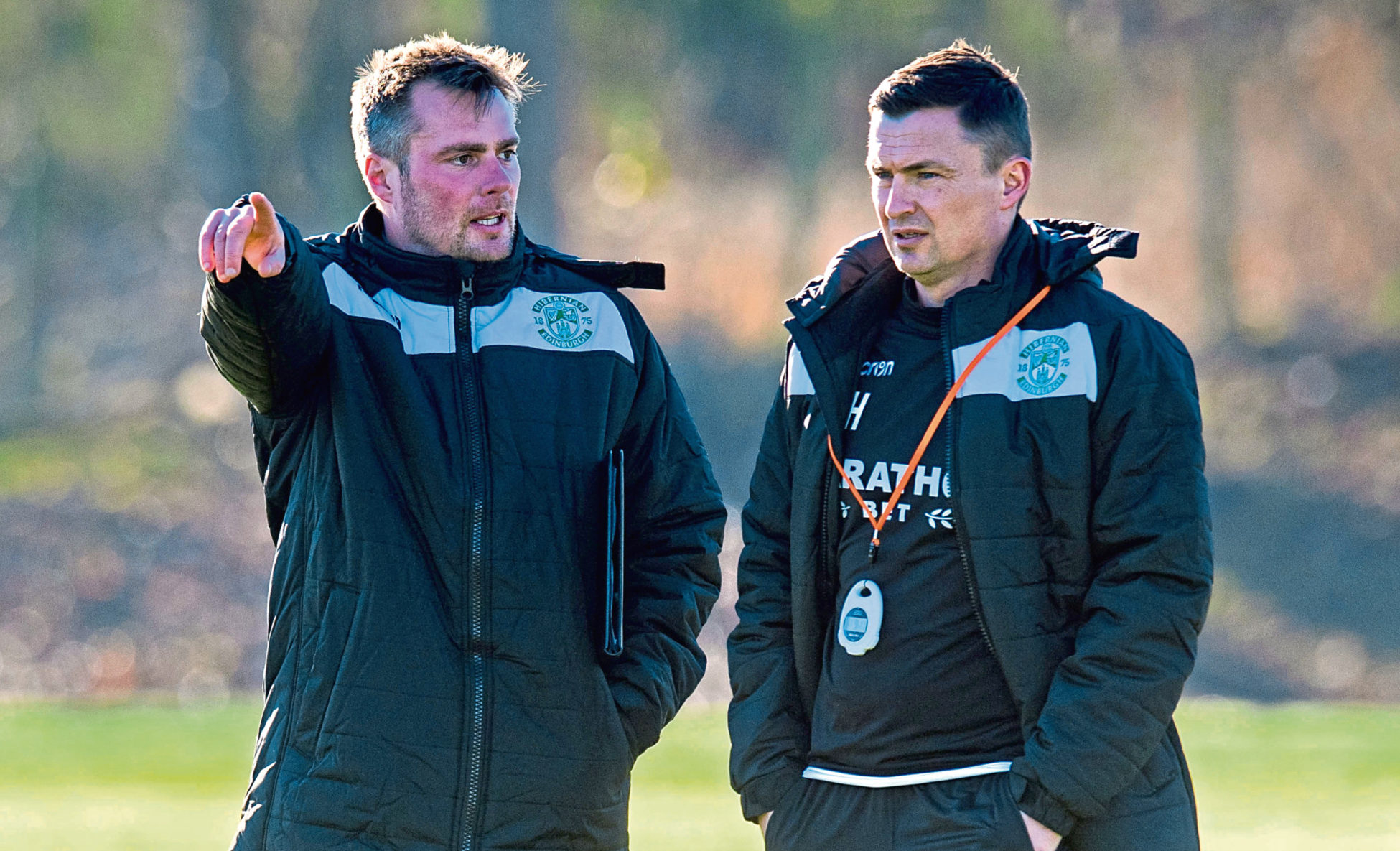 Hibernian manager Paul Heckingbottom (R) with assistant Robbie Stockdale