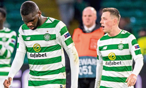 Odsonne Edouard and Callum McGregor dejectedly troop off the field after the 2-0 defeat by Valencia