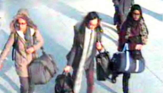 Amira Abase, Kadiza Sultana and Shamima Begum, above, flee UK in 2015