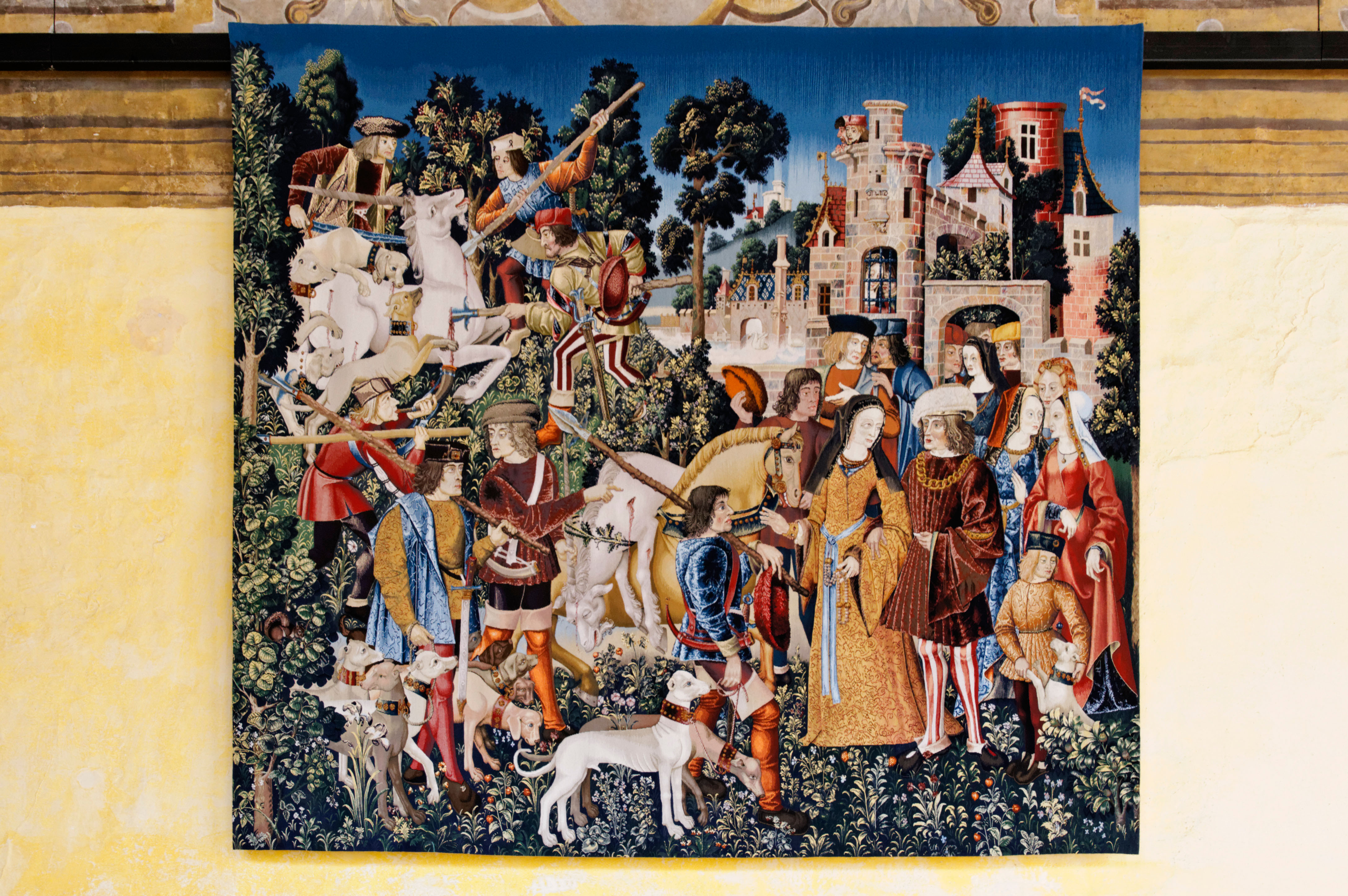 One of the Stirling tapestries. The set of tapestries is entitled 'The Hunt of the Unicorn'. Stirling Castle, Scotland, UK.