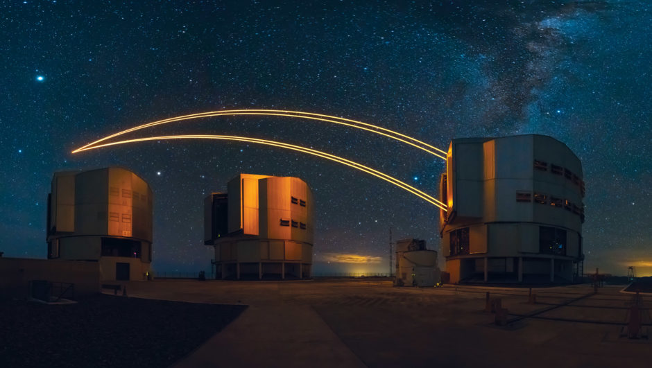 Light on the Land – Commended Marcio Esteves Cabral (Brazil) ESO Paranal astronomical observatory, Chile This image shows ESO's Very Large Telescope (VLT) at work; these are the largest and most modern telescopes in the world. This is a panoramic image consisting of three vertical images. It shows the telescope’s laser guides, which are the most powerful in the world and can reach more than 50 miles. The challenge in getting this image was making a very fast sequence of images in order to avoid parallax errors, because the lasers move along with the stars. As this is a spherical projection the lasers curve along the image.