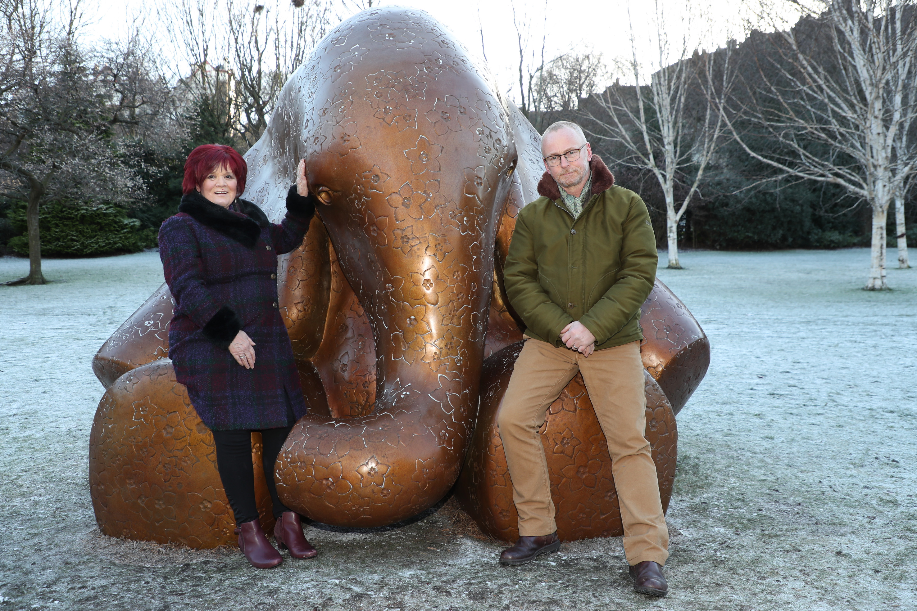 Parent Dorothy Maitland and Sculptor Andy Scott with the Mortonhall baby elephant sculpture at the official unveiling ceremony for parents on Saturday morning in Princes Street Gardens, Edinburgh. (Stewart Atwood).