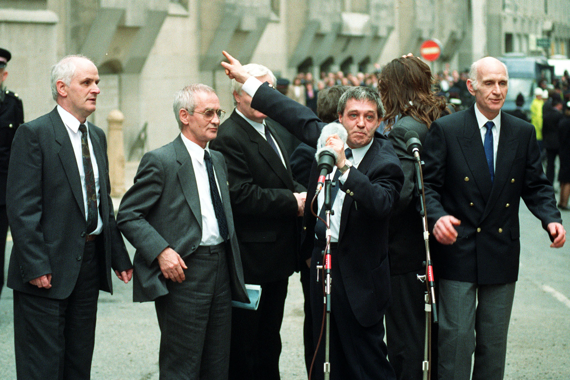 Paddy Hill, at microphone with rest of Birmingham Six at the Old Bailey, when released in 1991