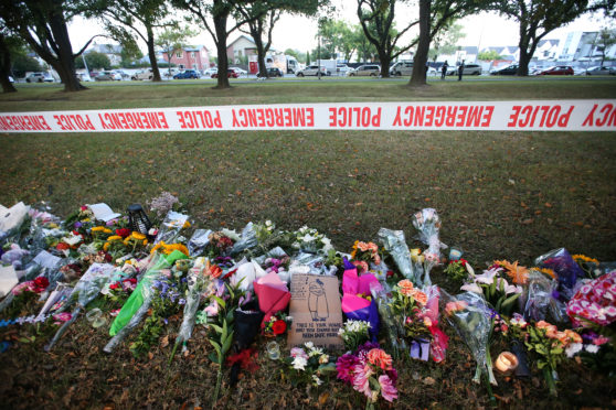 Flowers laid in Hagley Park opposite the Al Noor mosque in Christchurch, New Zealand