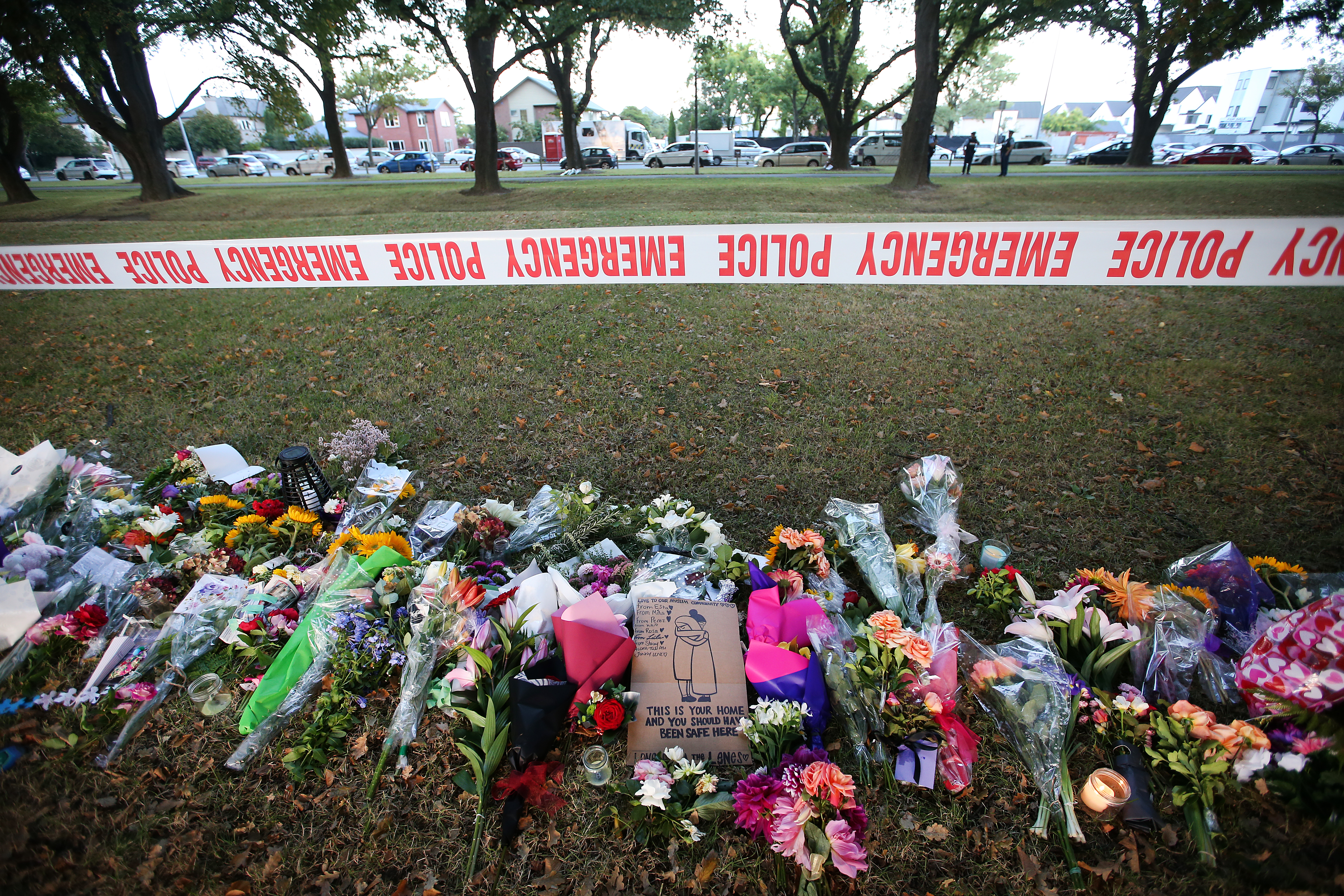 Flowers laid in Hagley Park opposite the Al Noor mosque in Christchurch, New Zealand