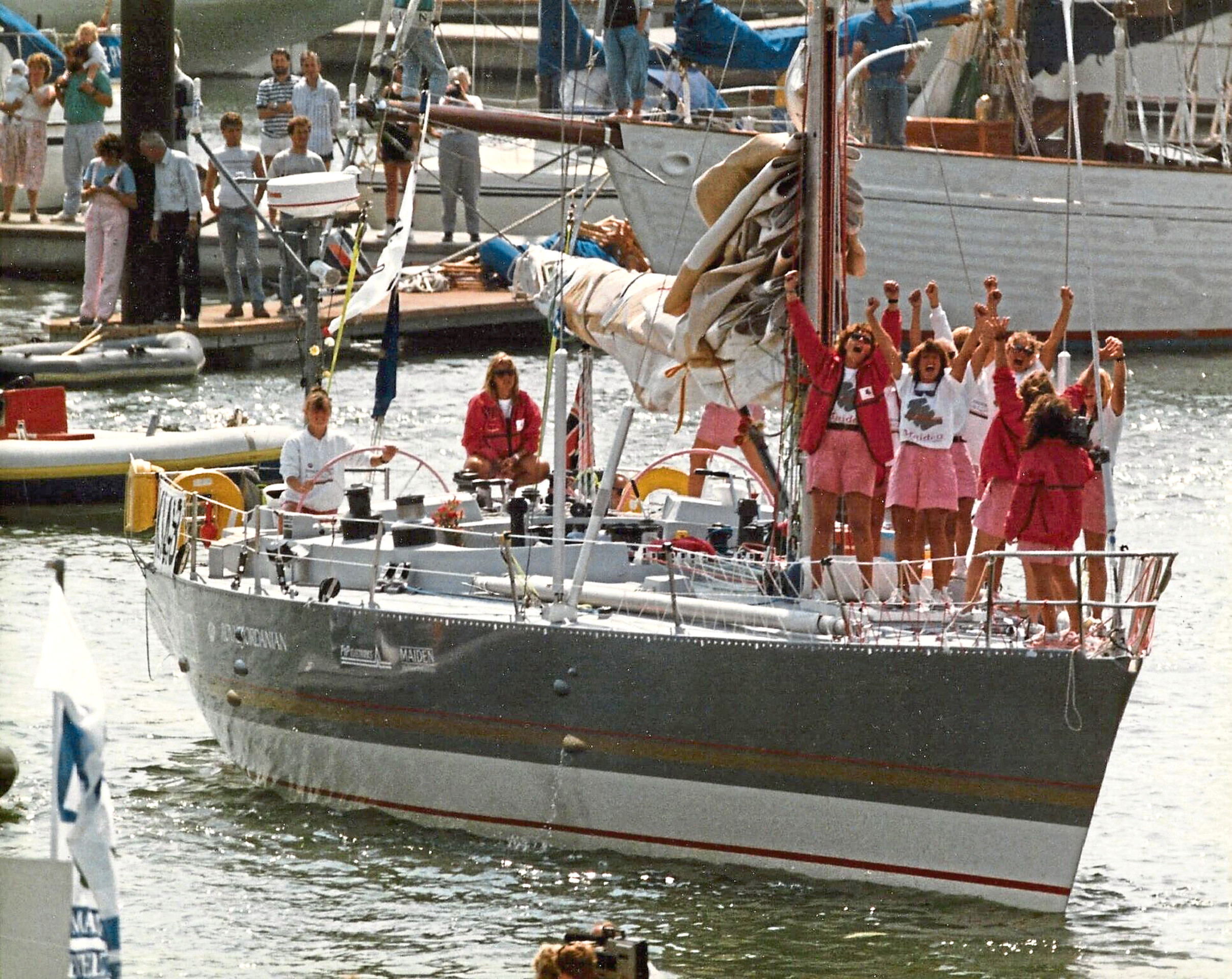 The crew who sailed around the world on the Maiden in 1989.