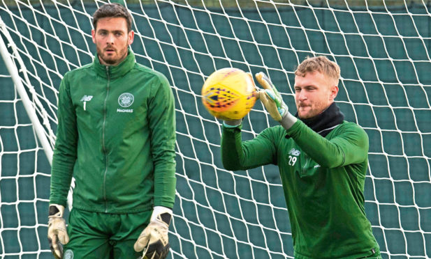 Celtic's Scott Bain (R) with Craig Gordon at training