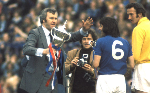 Rangers manager Jock Wallace (centre) with the Scottish League Trophy, 1975
