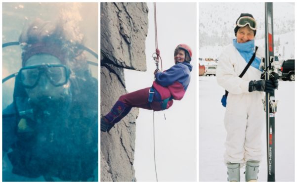 Left to right: Pearl’s deep sea dive in Dubai in 1998 (in aid of the British Heart Foundation); 200ft rock climb and abseil in Ballater in 1996 (for transplant unit) and skiing on a family trip to Hemlock in Vancouver
