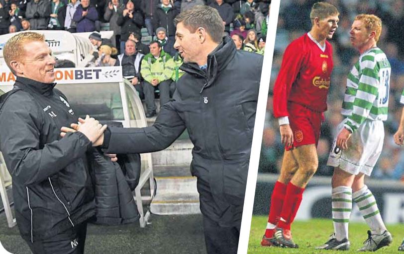 Time’s a healer. Neil Lennon and Steven Gerrard at Easter Road earlier this season when the former was in the Hibs dugout but, right, the pair weren’t so friendly when they faced up to each other during a Celtic v Liverpool UEFA Cup tie at Parkhead in 2003