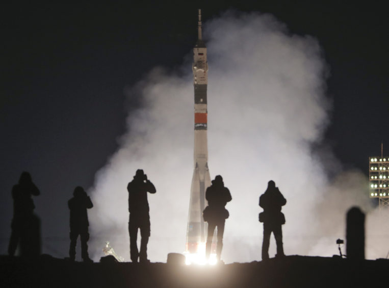 The Soyuz-FG rocket booster with Soyuz MS-12 space ship carrying a new crew to the International Space Station, ISS, blasts off at the Russian leased Baikonur cosmodrome, Kazakhstan