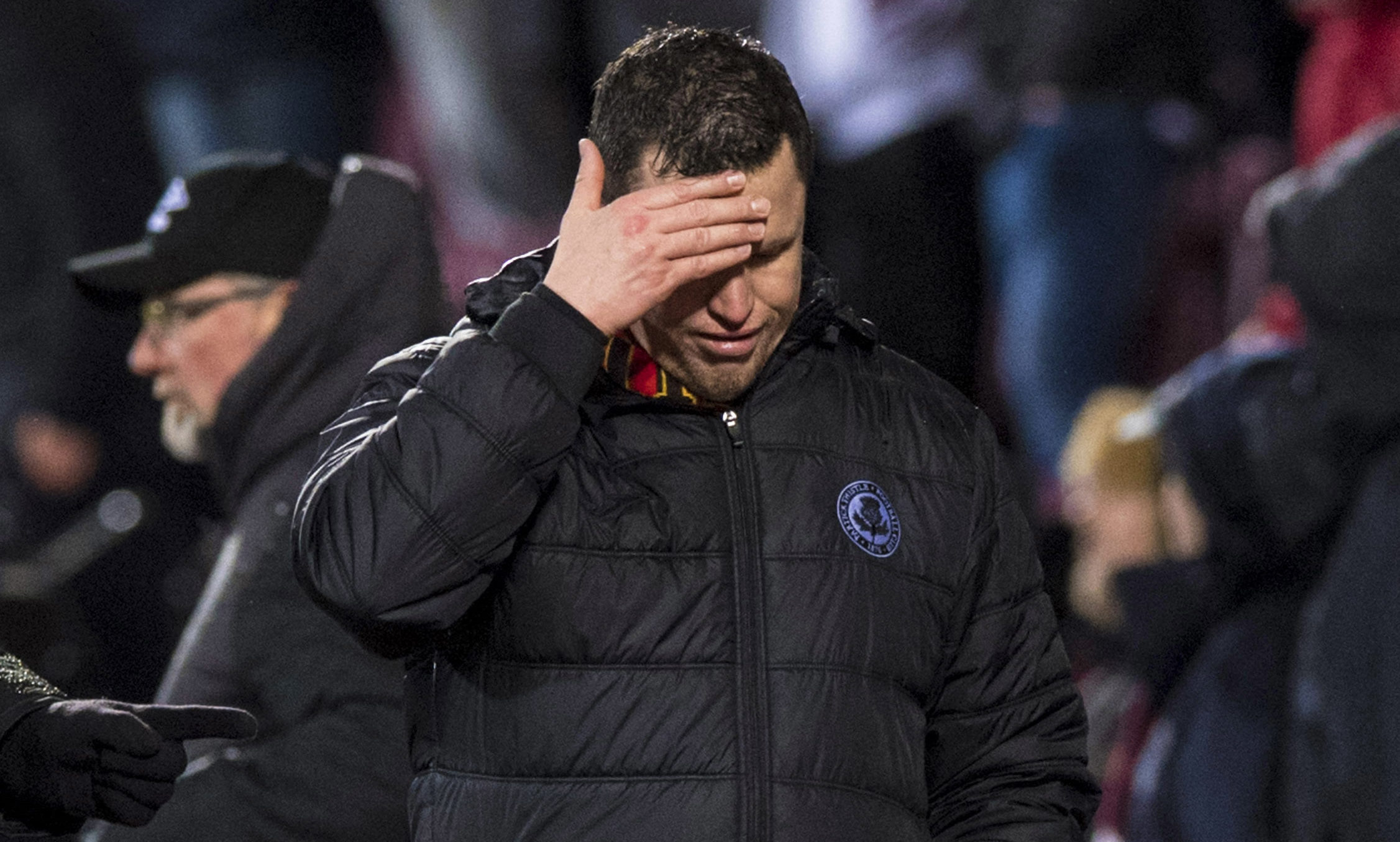 Partick Thistle manager Gary Caldwell (R) show's his frustration after being denied a penalty late on