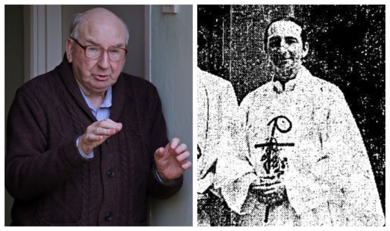 Father Joseph Dunne at home in Ireland, left, and when he was ordained