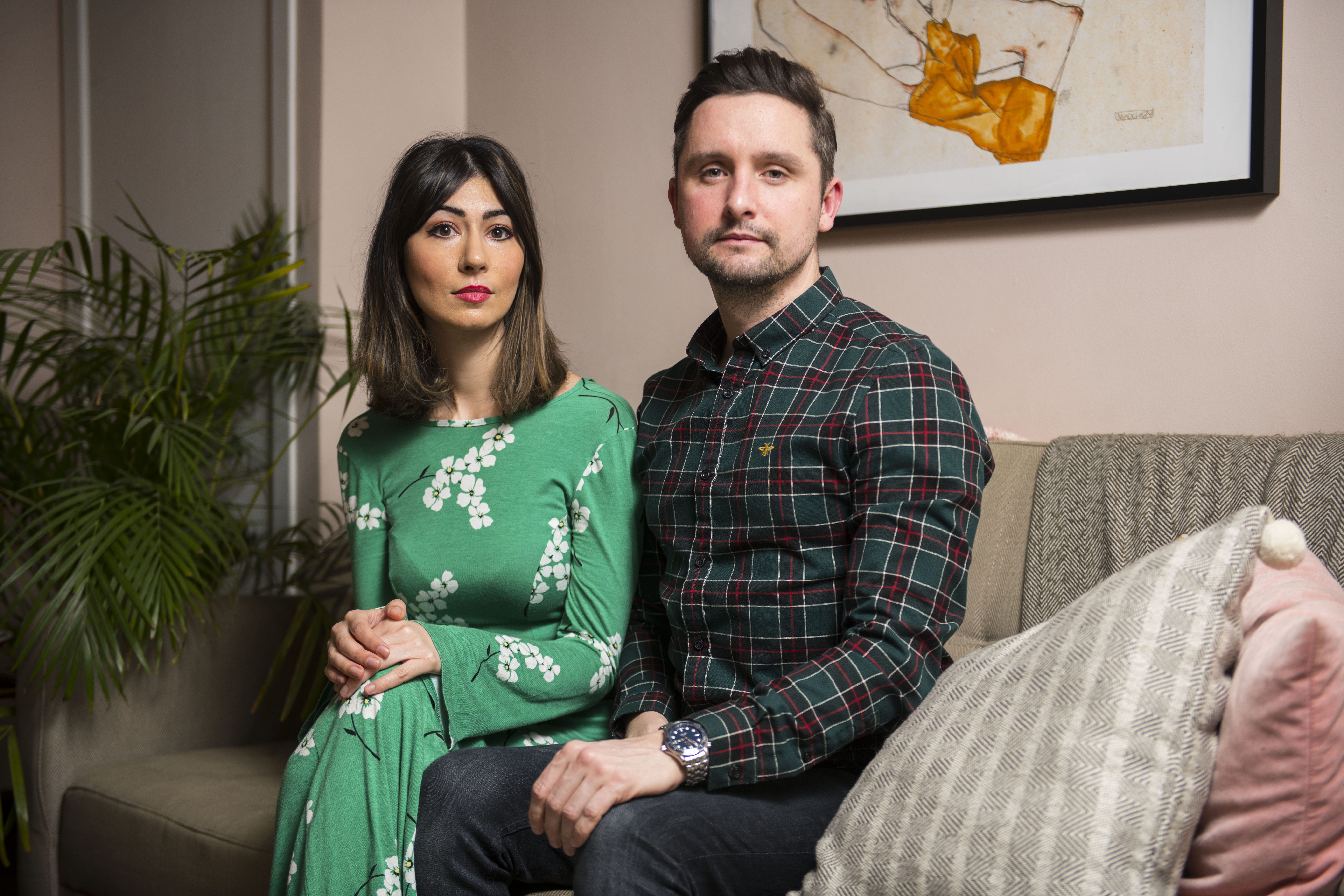 Natasha Radmehr and her boyfriend Jamie Flynn at their home in Glasgow.