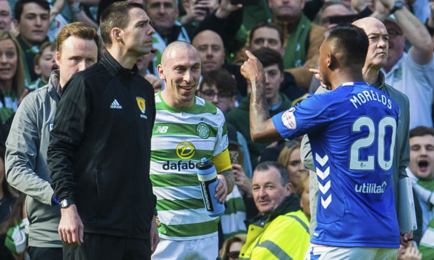 Alfredo Morelos heads for the tunnel after his red card last Sunday, much to Scott Brown’s delight