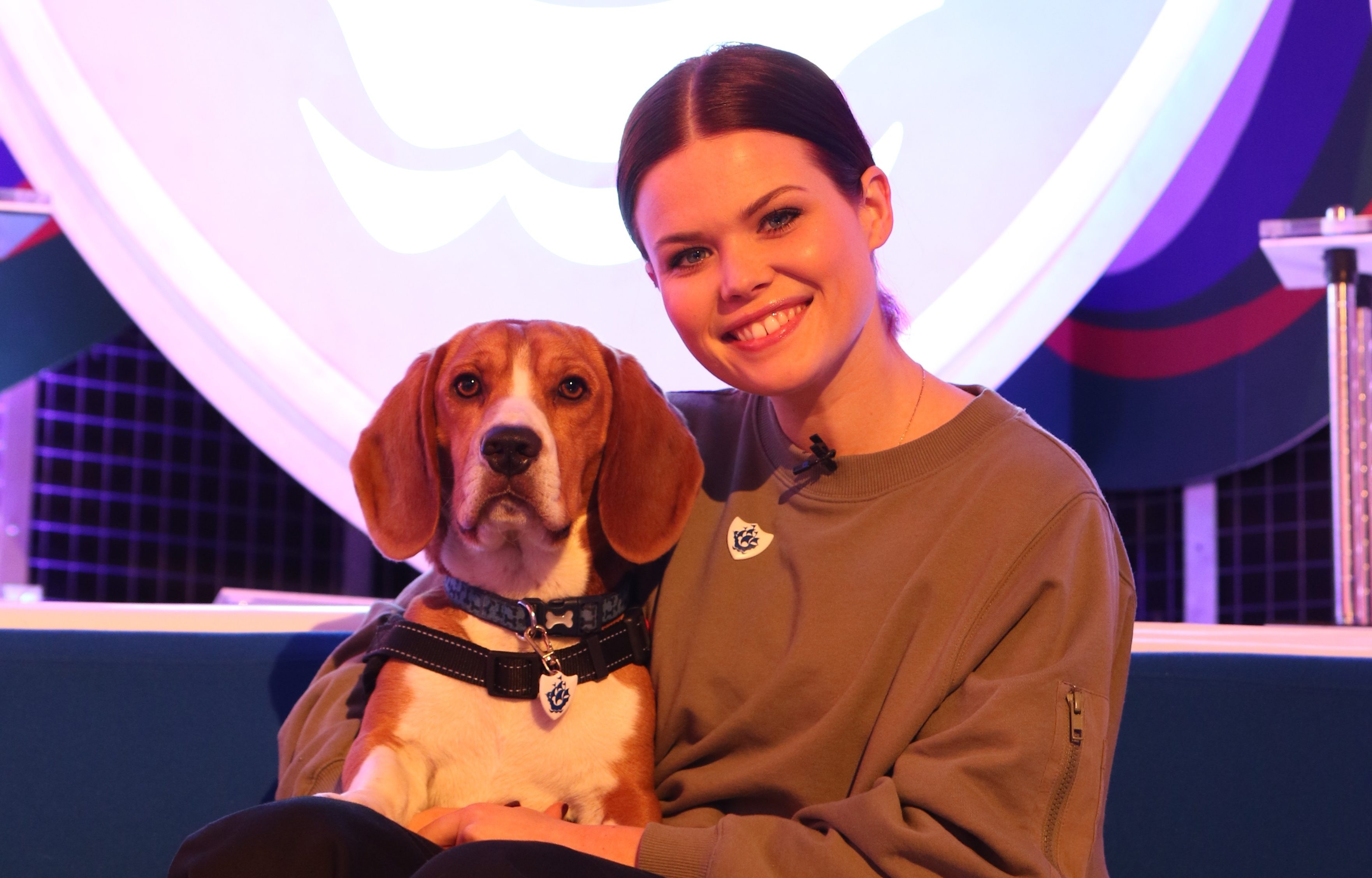 Blue Peter presenter Lindsey Russell with the show's latest dog, a beagle-basset hound cross called Henry