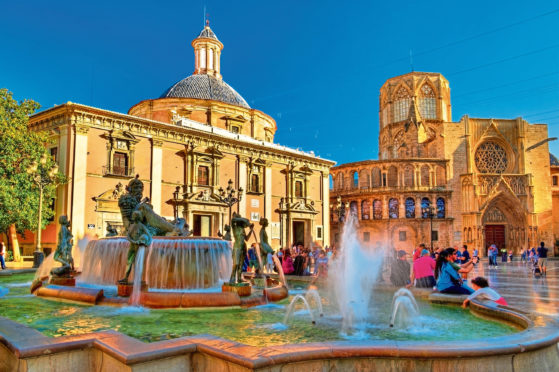 Square of Saint Mary and fountain Rio Turia in Valencia