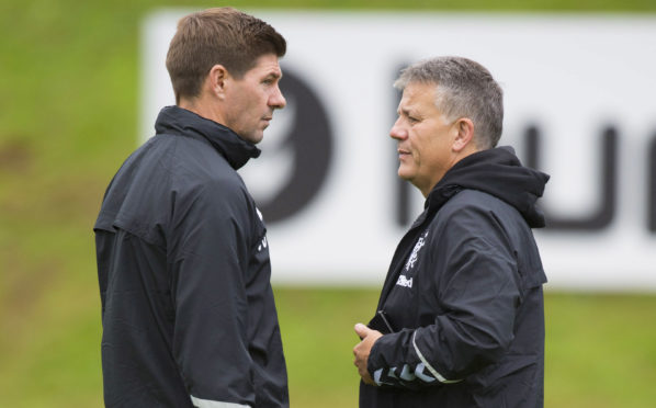 Rangers manager Steven Gerrard with Director of Football Mark Allen at training