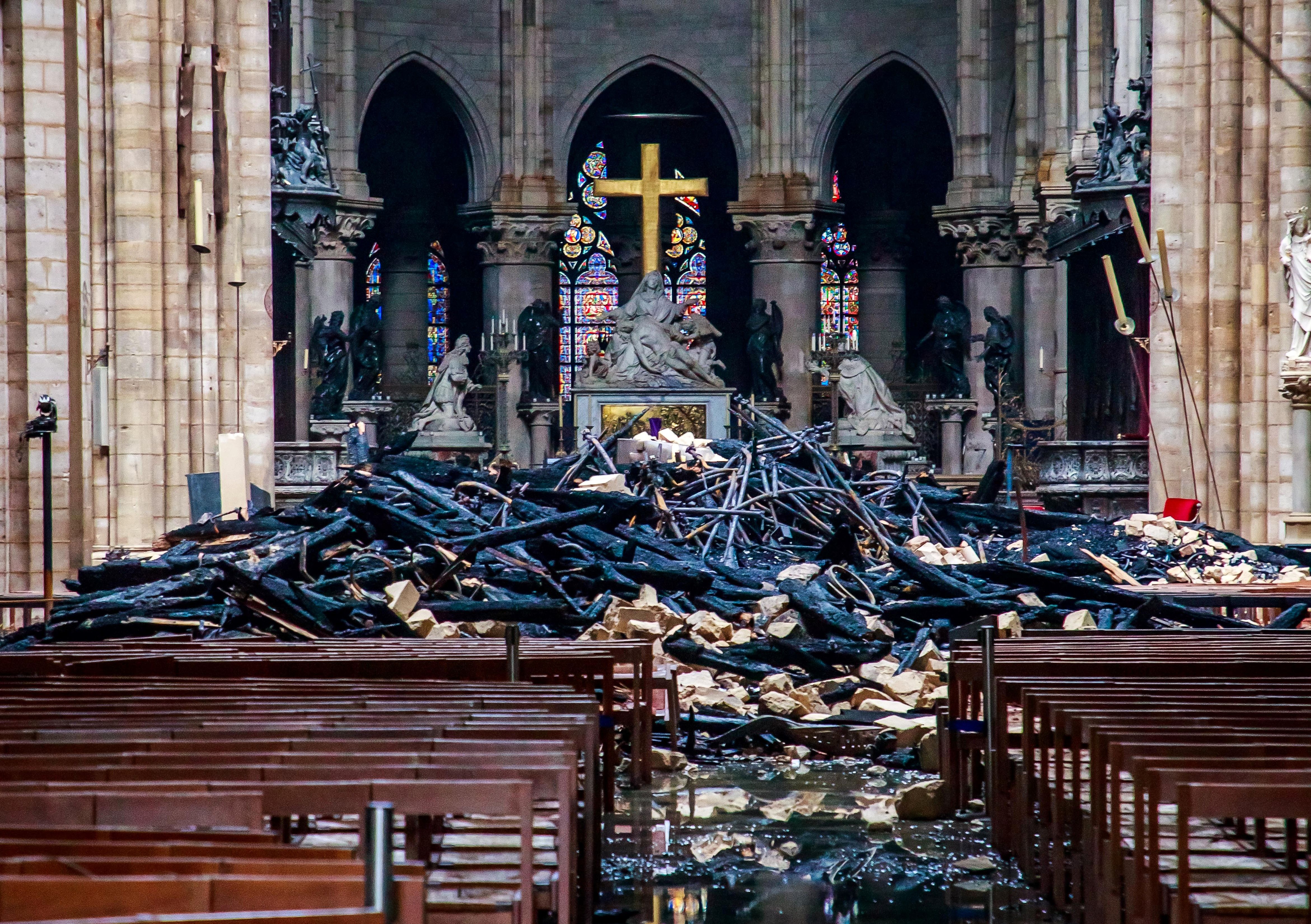 Debris inside the Notre-Dame-de Paris Cathedral