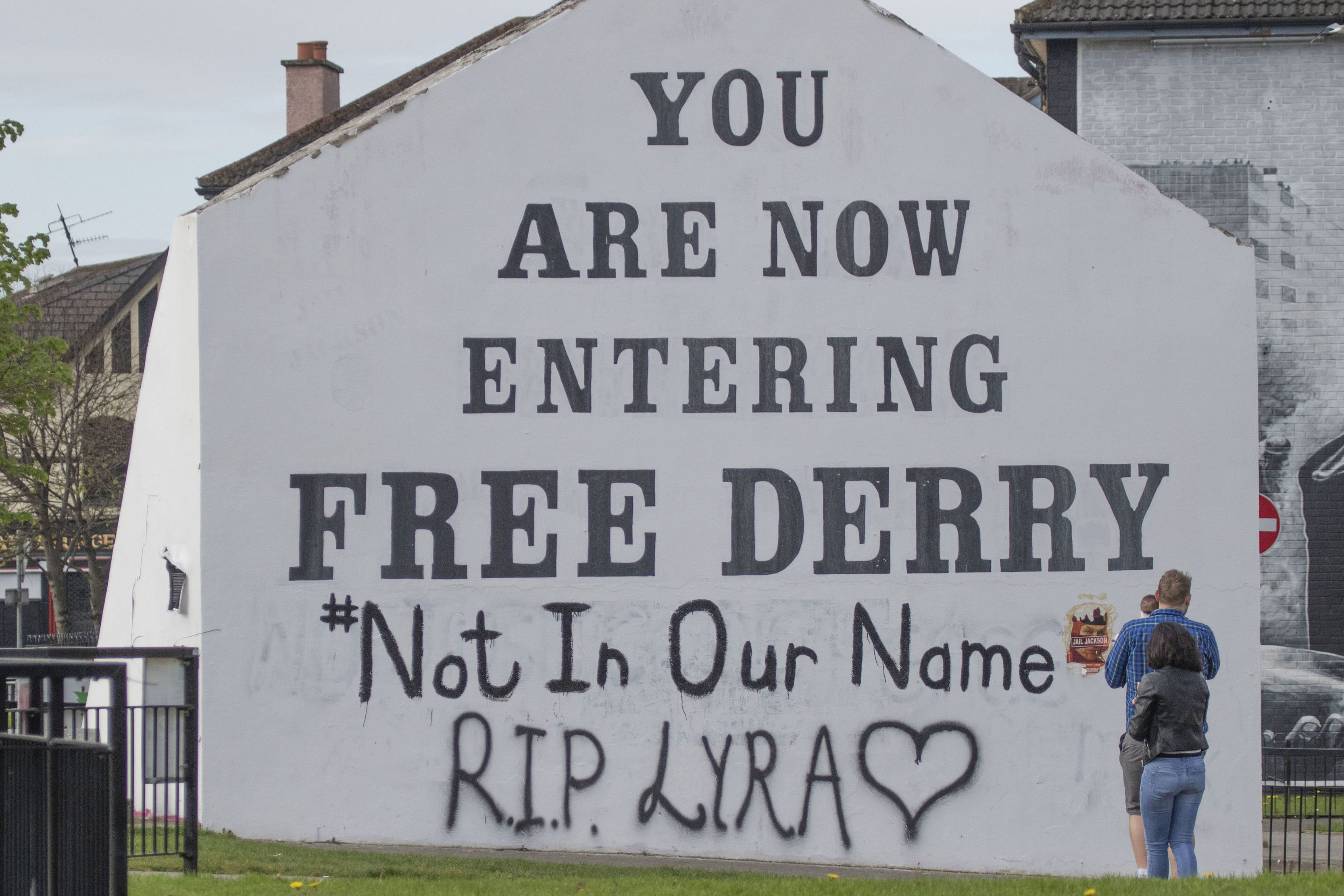 A message of condolence for 29-year-old journalist Lyra McKee graffittied on to the Free Derry Corner