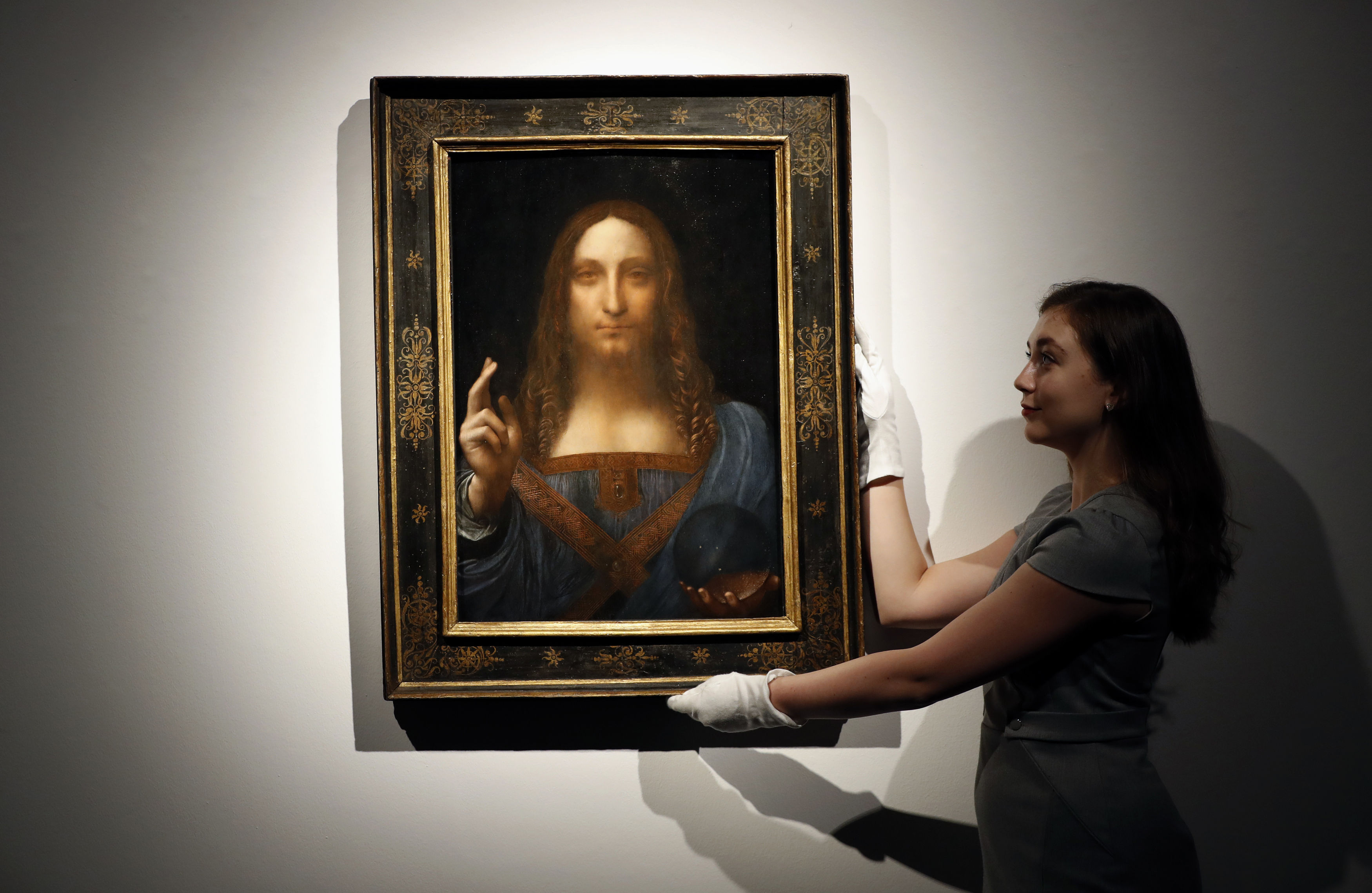 Leonardo da Vinci's "Salvator Mundi" on display at Christie's auction rooms in London.