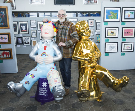 John Byrne with two of 150 Oor Wullie sculptures in Tannahill Centre on his return to home town Paisley