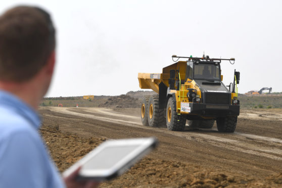 The automated driverless dumper truck during testing