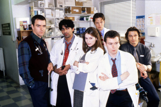 Ace Bhatti, Helen Baxendale, Andrew Clover,  Andrew Lancel and Peter O’Brien 
in Cardiac Arrest, filmed in Glasgow