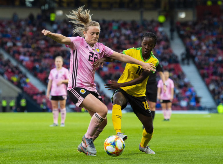 Scotland's Erin Cuthbert and Jamaica's Jody Brown in action