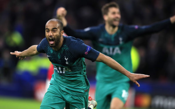 Tottenham's Lucas Moura celebrates after scoring his side's third goal