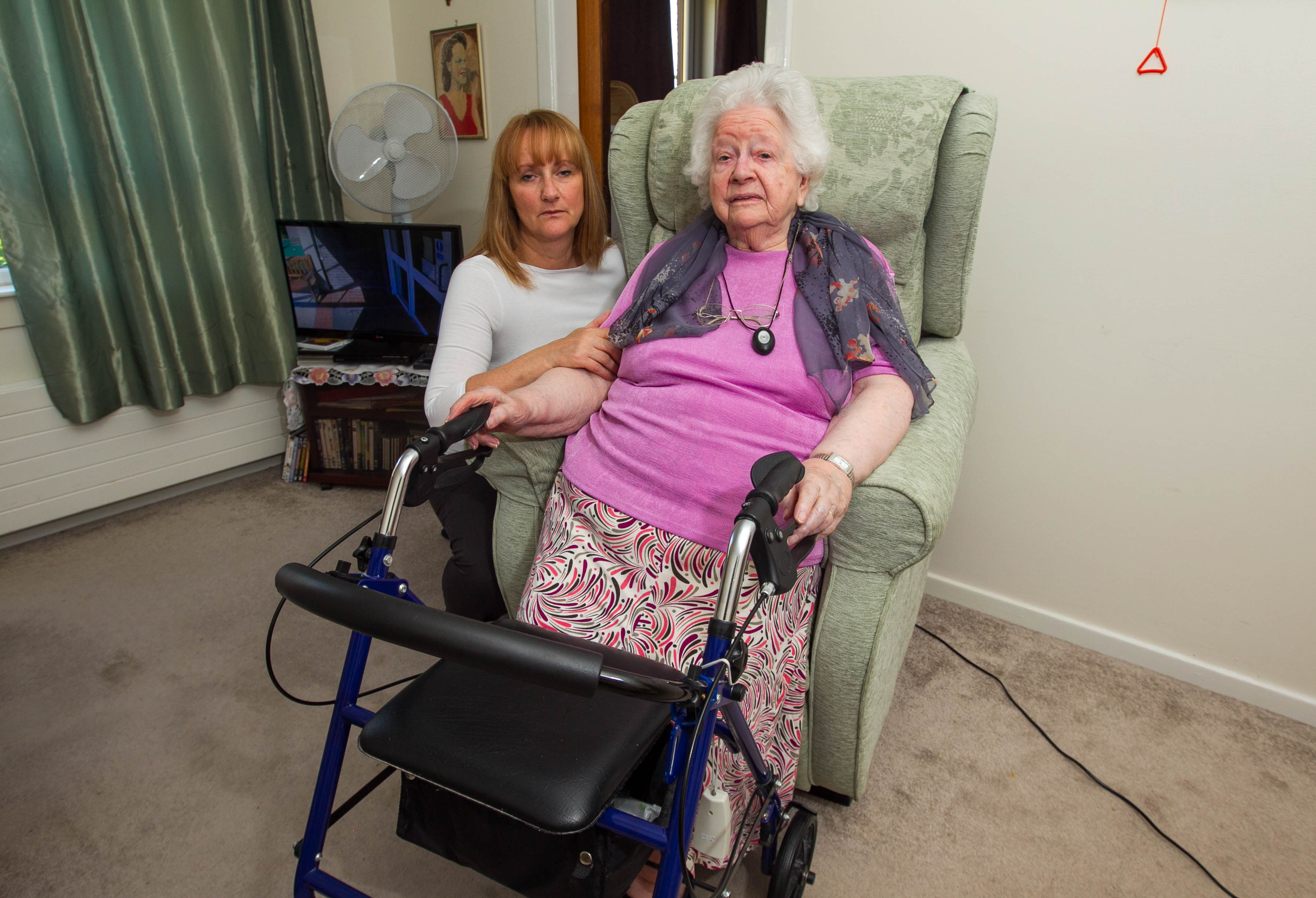 Mary Davison with her daughter Heather have been complaining about her electric chair for months, Mary says its umcomfortable and there was a bang from it.