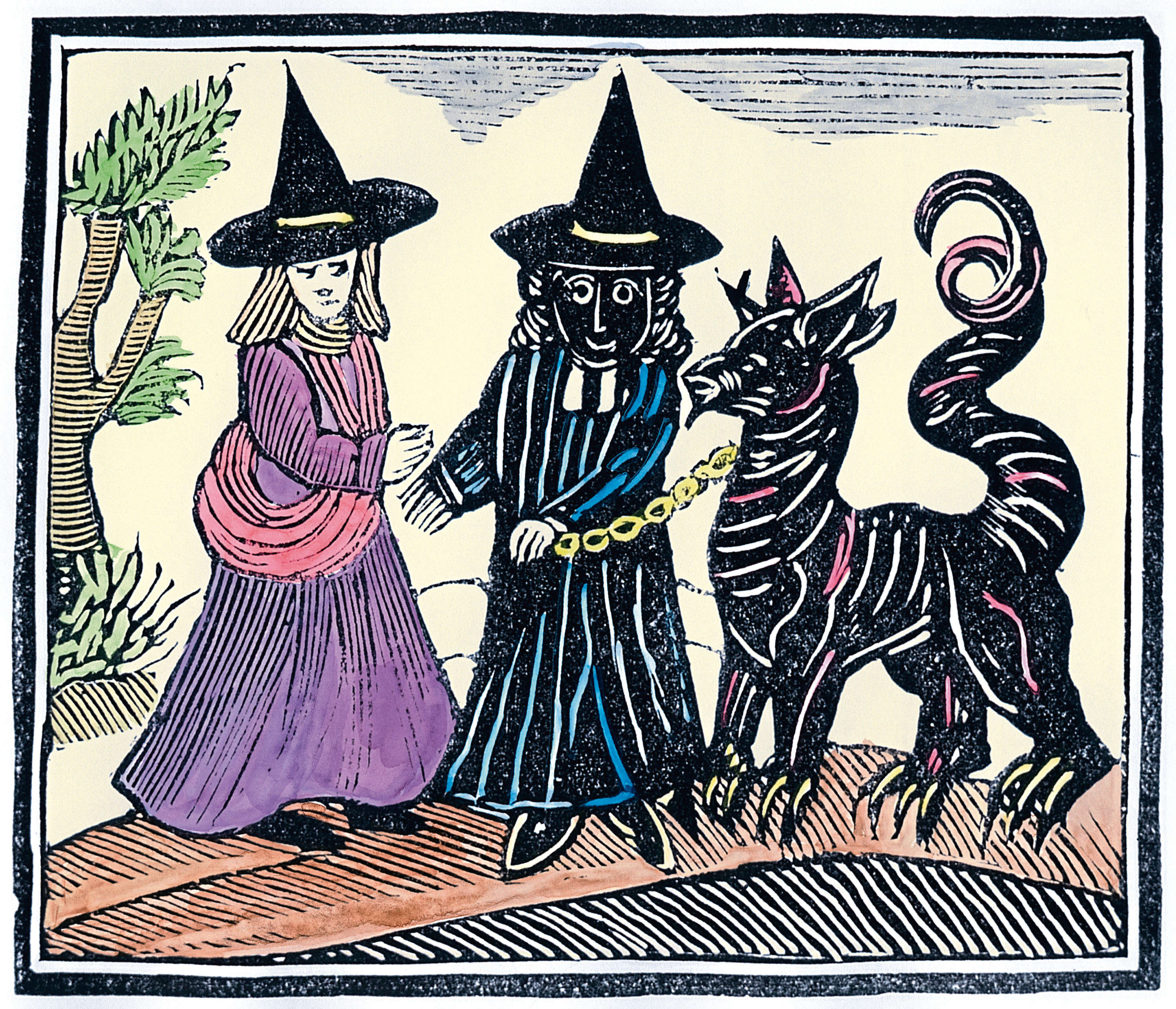 A black and a white witch with a devil animal. Illustration from a collection of chapbooks on esoterica. Artist Unknown.