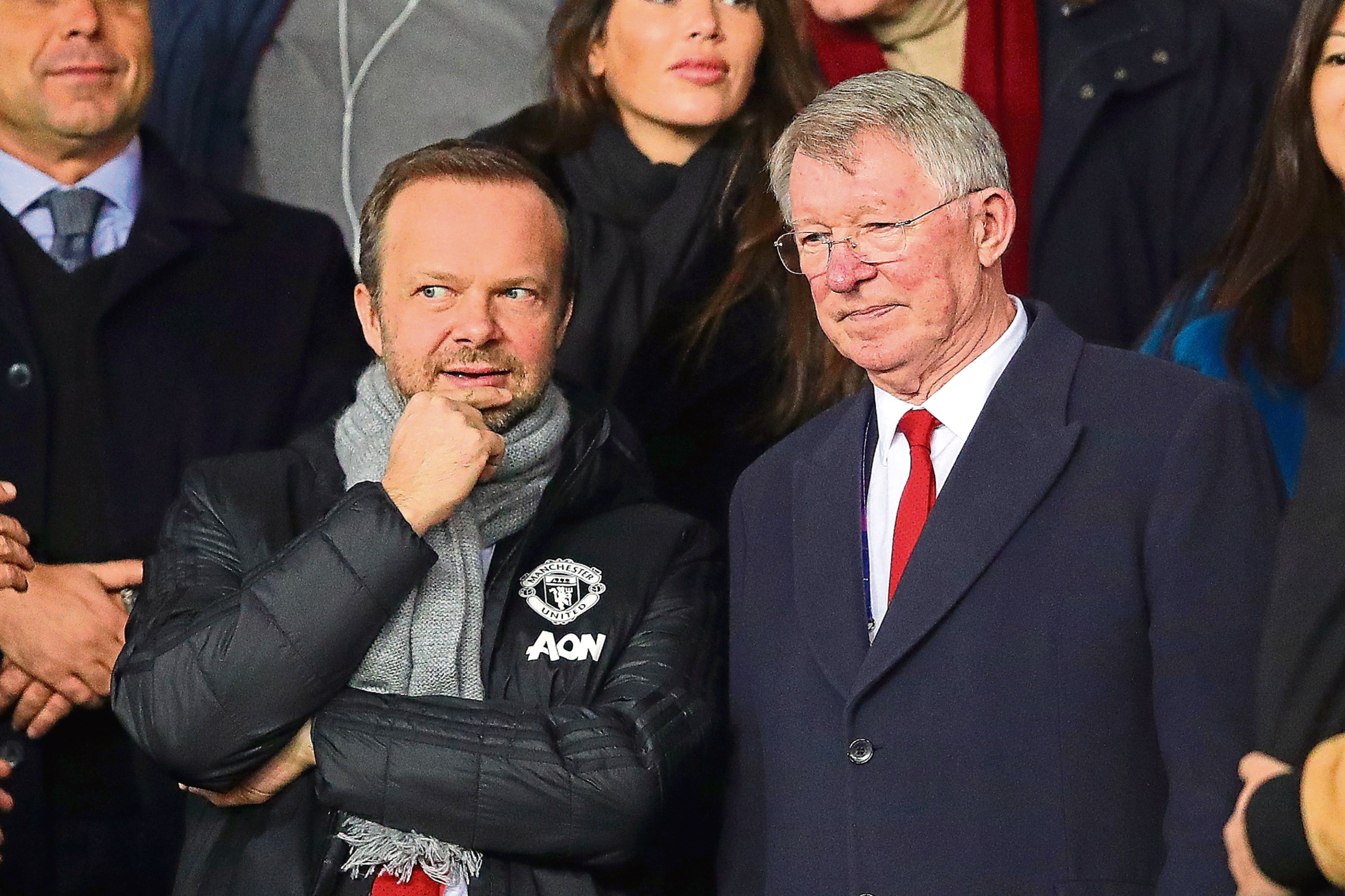 Sir Alex Ferguson next to Manchester United chief-executive Ed Woodward ahead of the UEFA Champions League Round of 16 Second Leg match between Paris Saint-Germain and Manchester United at Parc des Princes on March 06, 2019 in Paris, France.
