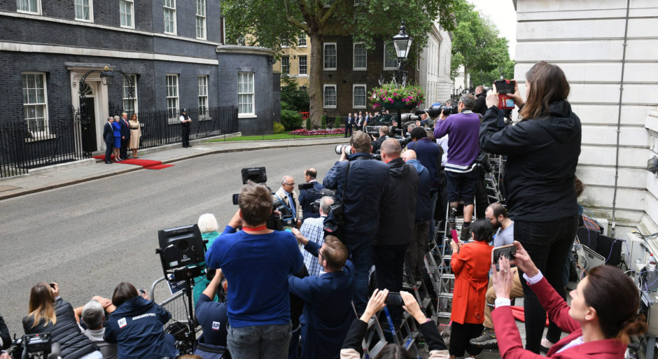The media gathers as Philip May and Prime Minister Theresa May welcome US President Donald Trump and Melania Trump to Downing Street