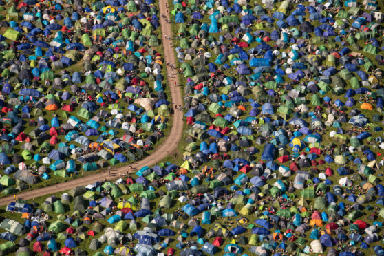 An aerial view of tents at the camping site on the second day of the Glastonbury Festival