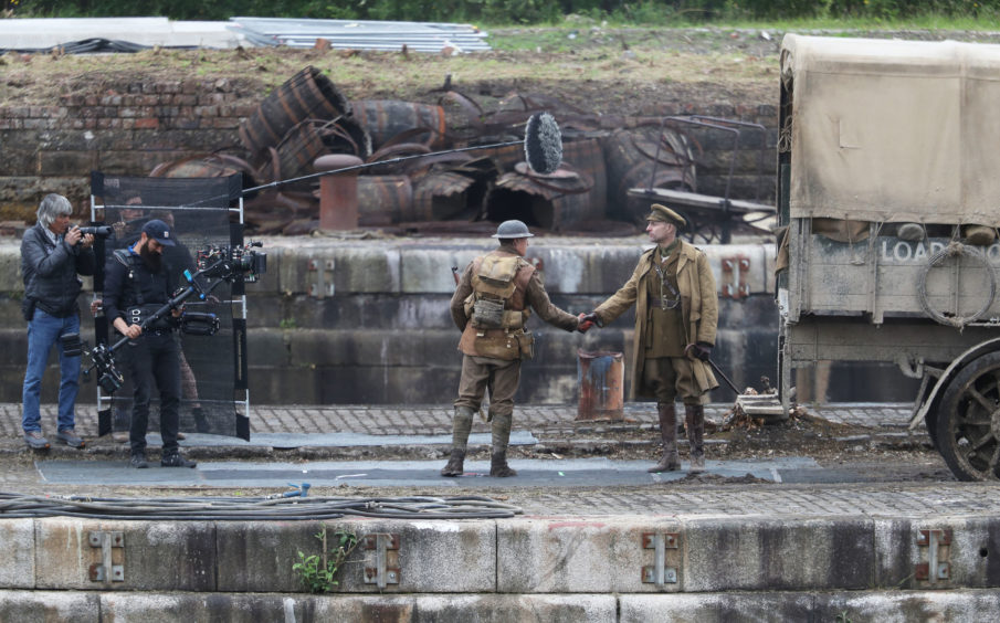 Actors Mark Strong (right) and George Mackay on the set of Sam Mendes’s new film 1917 during filming at Govan Docks in Glasgow. The Academy Award winner behind James Bond blockbuster Skyfall is teaming up with A-list stars Colin Firth, Benedict Cumberbatch and local boy Richard Madden to film the First World War epic