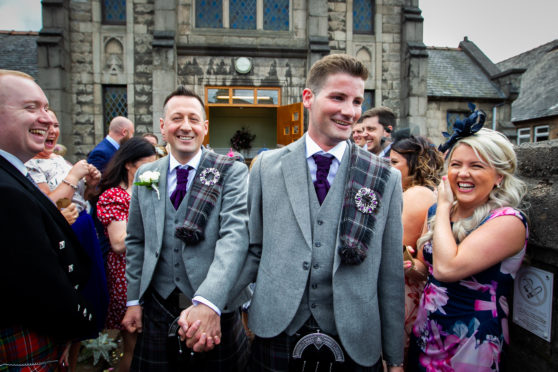 The first gay wedding to be held at the United Reformed Church, in Rutherglen, Glasgow, between Ian McDowell (L) and Jamie (James) Wallace (R).