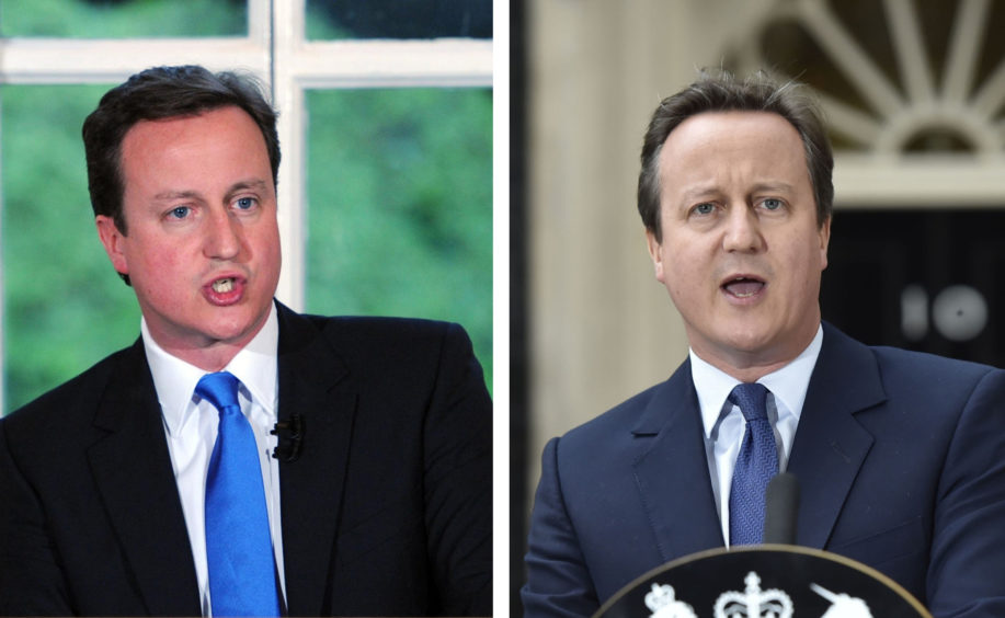 David Cameron. L: Giving a press conference after the 2010 General Election, R: Resigning as Prime Minister in 2016.