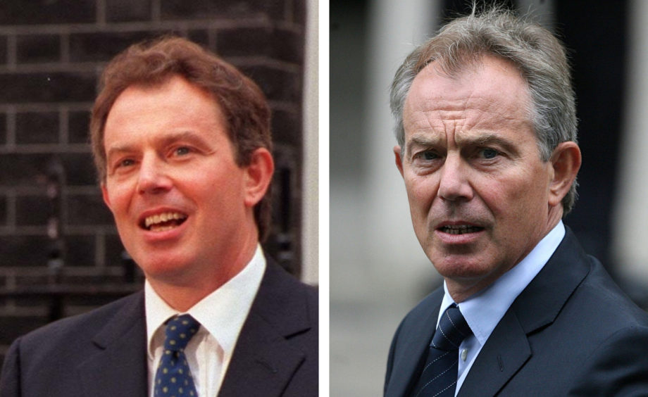 Tony Blair. L: Addressing the nation for the first time as Prime Minister, R: At a memorial service for Princess Diana shortly after his resignation.